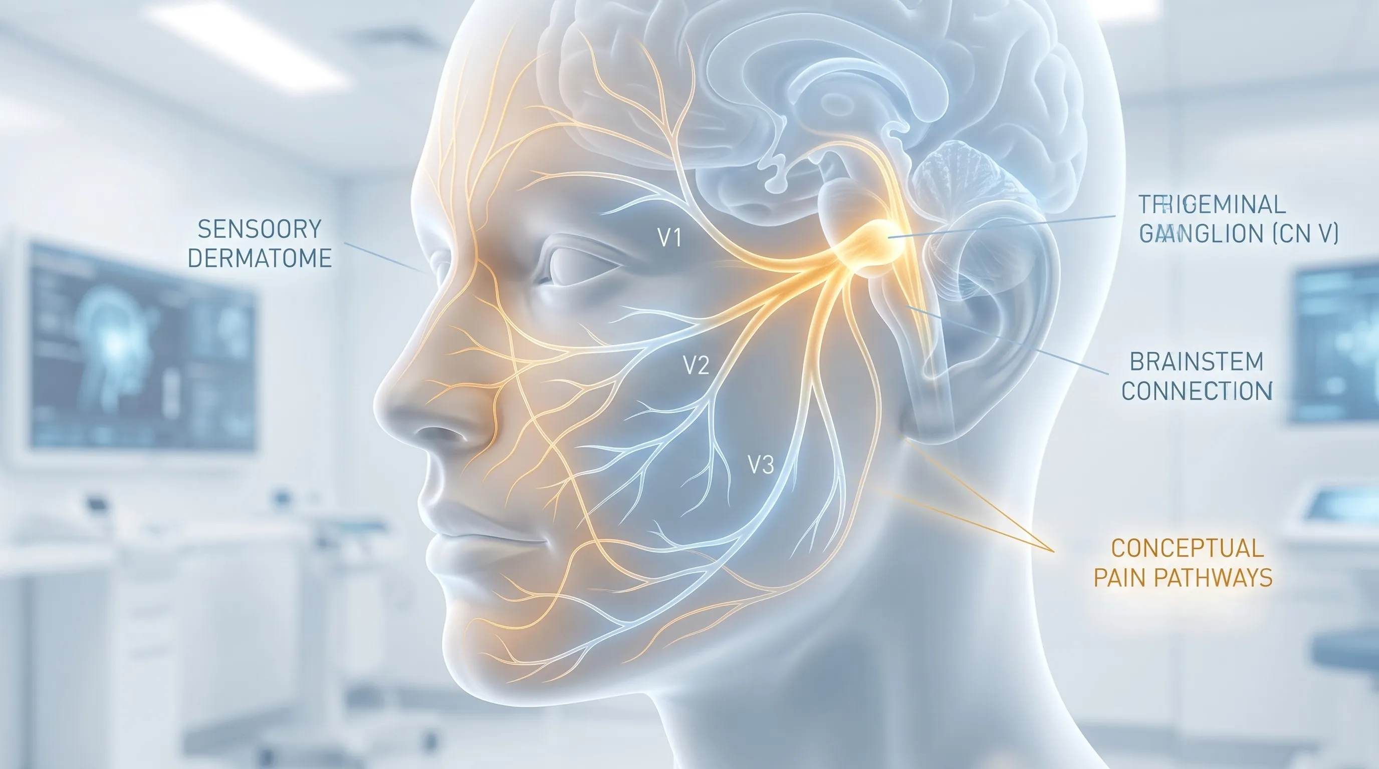 Trigeminal sinir ağrısı ve tedavi yollarını gösteren modern tıbbi estetik illüstrasyon
